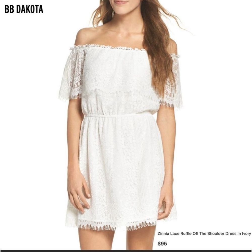 BB Dakota zinnia lace off the shoulder ruffle shoulder mini ivory dress XS bride